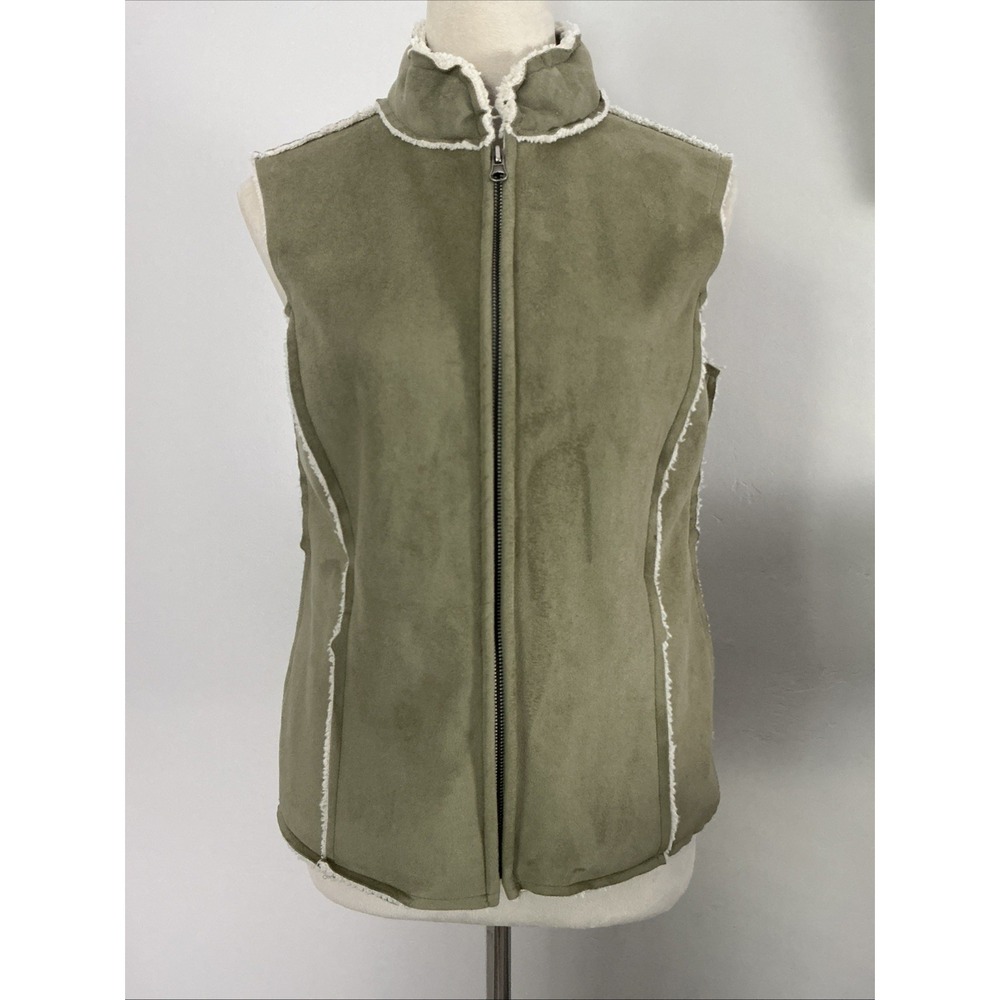 True Grit Sherpa Vest Womens Olive Green Small Faux Suede‎ Outdoor Hiking USA